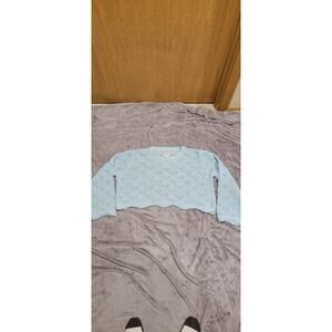 Open Knit Sweater Womens Medium Baby Blue Bell Sleeve Cropped Boho Read